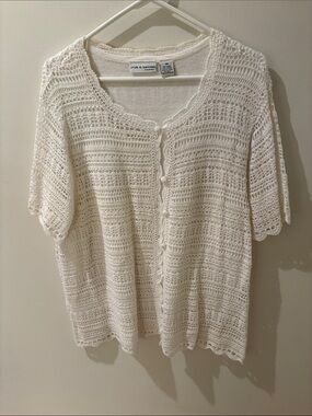 croft & barrow Cream Crochet Button-Front Short Sleeve Top
